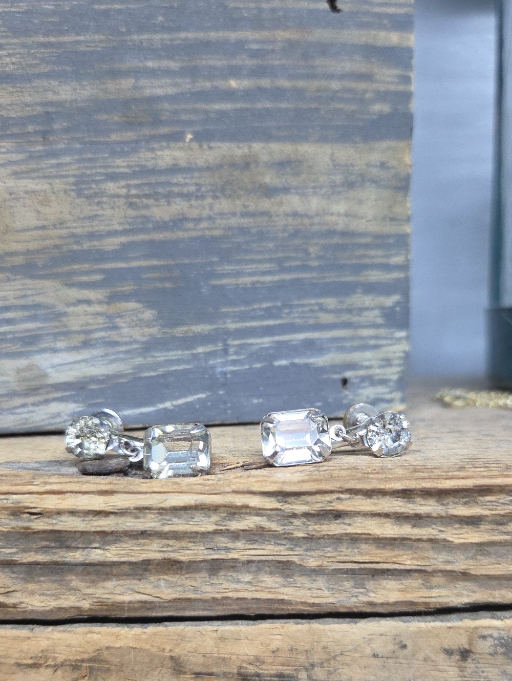 Vintage 1950s Clear Emerald-Cut Rhinestone Screw-Back Dangle Earrings